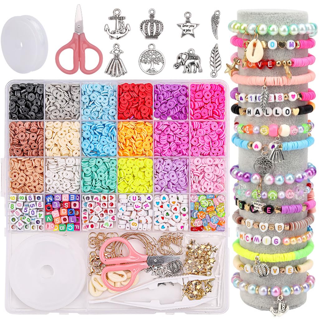 SANNIDHI 3600+ Clay Beads for Bracelet Making Color Flat Polymer Beads Letter Beads for Jewellery Making Friendship Bracelet Kit Heart Smile Face Beads with Charms & Tools for Girls Women DIY Craft SANNIDHI 3600+ Clay Beads for Bracelet Making Color Flat Polymer Beads Letter Beads for Jewellery Making Friendship Bracelet Kit Heart Smile Face Beads with Charms & Tools for Girls Women DIY Craft